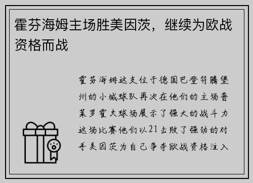 霍芬海姆主场胜美因茨，继续为欧战资格而战