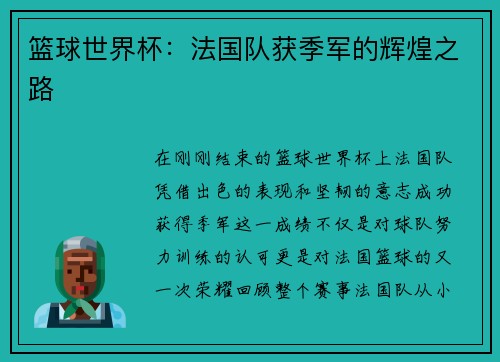 篮球世界杯：法国队获季军的辉煌之路
