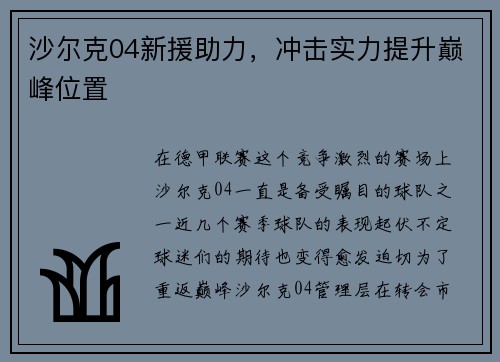 沙尔克04新援助力，冲击实力提升巅峰位置