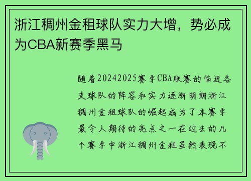 浙江稠州金租球队实力大增，势必成为CBA新赛季黑马