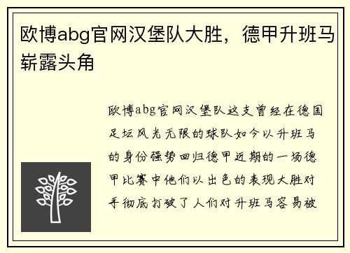 欧博abg官网汉堡队大胜，德甲升班马崭露头角