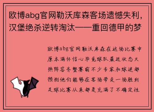 欧博abg官网勒沃库森客场遗憾失利，汉堡绝杀逆转淘汰——重回德甲的梦碎
