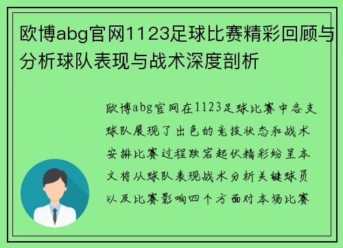 欧博abg官网1123足球比赛精彩回顾与分析球队表现与战术深度剖析